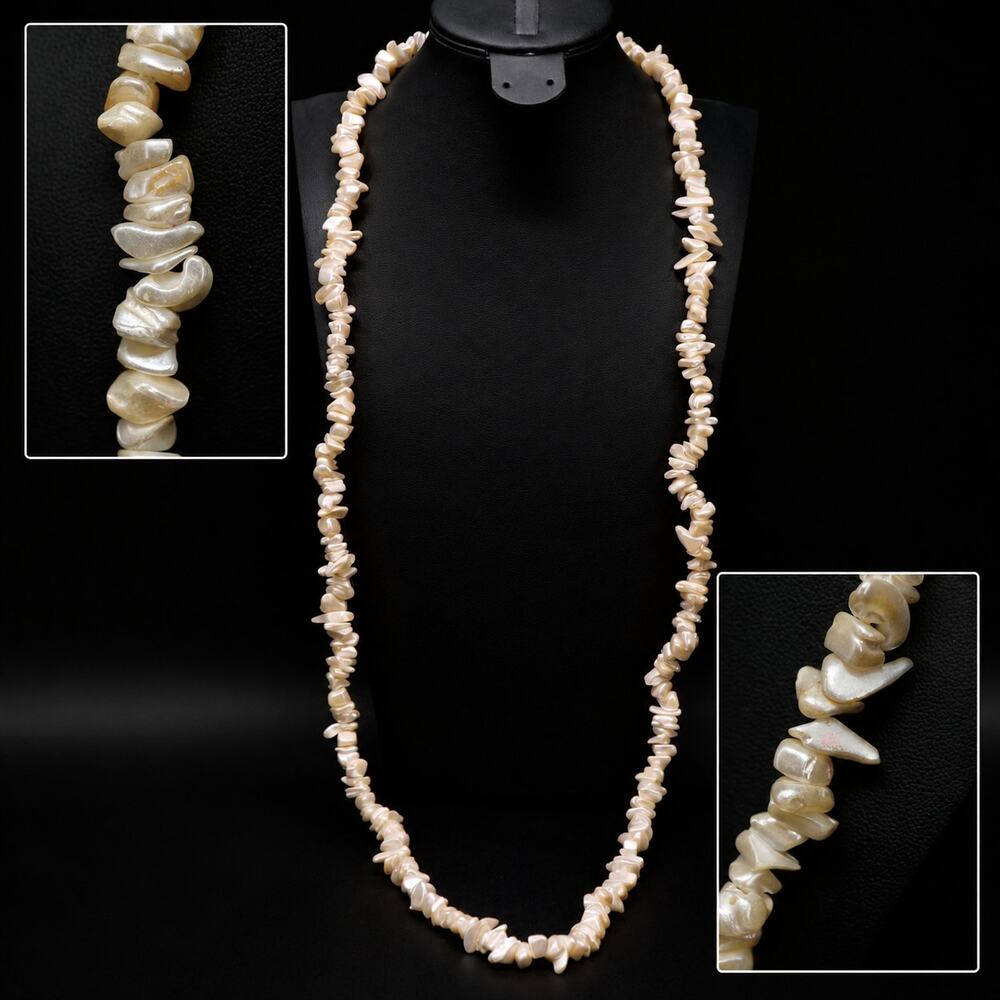 Mother of Pearl Chunky Shell Necklace 33” Long Boho Coastal Beach Jewelry